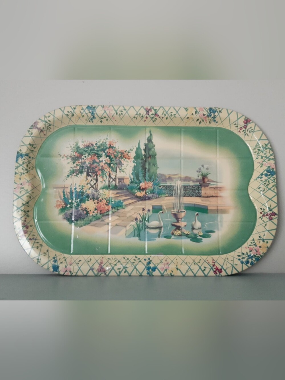 Vintage Scenic Metal Serving Tray in Mint Green and Cream with Swans